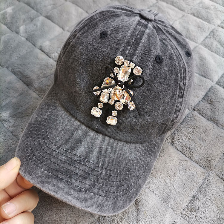 Cute Shiny Rhinestone Teddy Bear Washed Baseball Cap Spring And Autumn Internet Celebrity Thin Sunshade Soft Top Women's Duck Tongue Hat