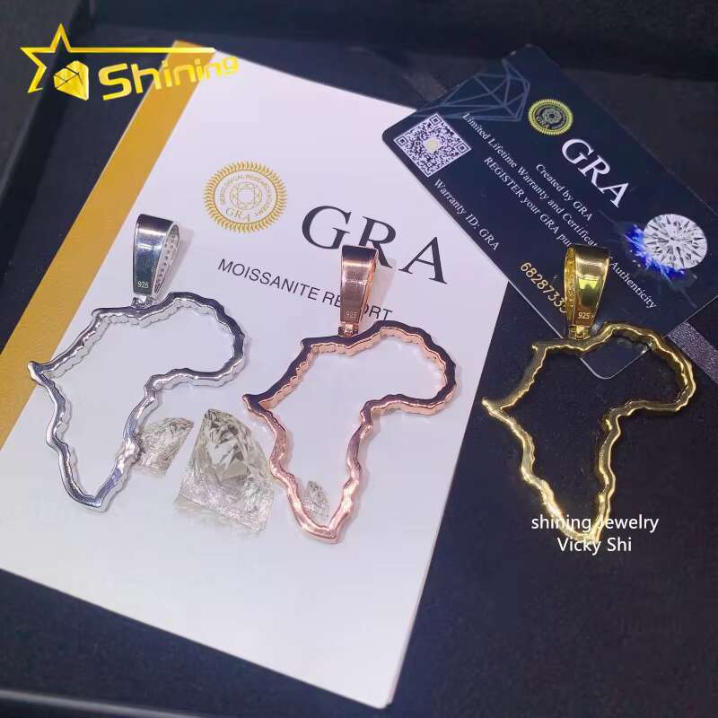 Hot Selling New Design Hip Hop Jewelry S925 Silver Gold Plated VVS Moissanite Diamond Map Pendant for Necklace