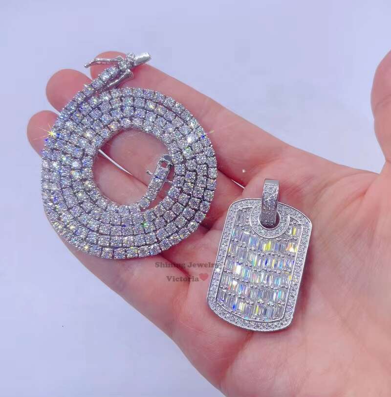 14k Rose Gold Plated Sterling Silver Hip Hop Men Emerald Cut Vvs Moissanite Diamond Dog Tag Pendant