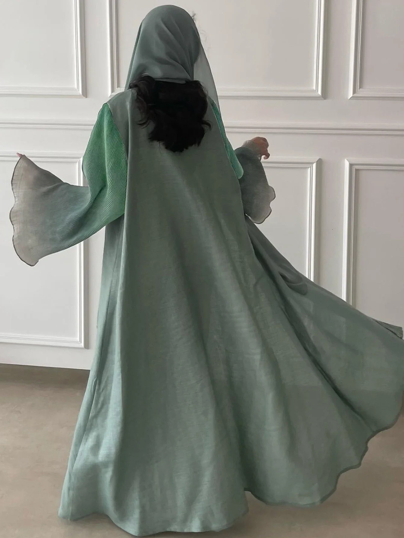 Middle East Abaya Muslim Womens Flame Sleeve Casual Arab Pleated Open Front Abayas Kaftan Islamic Dress 250326