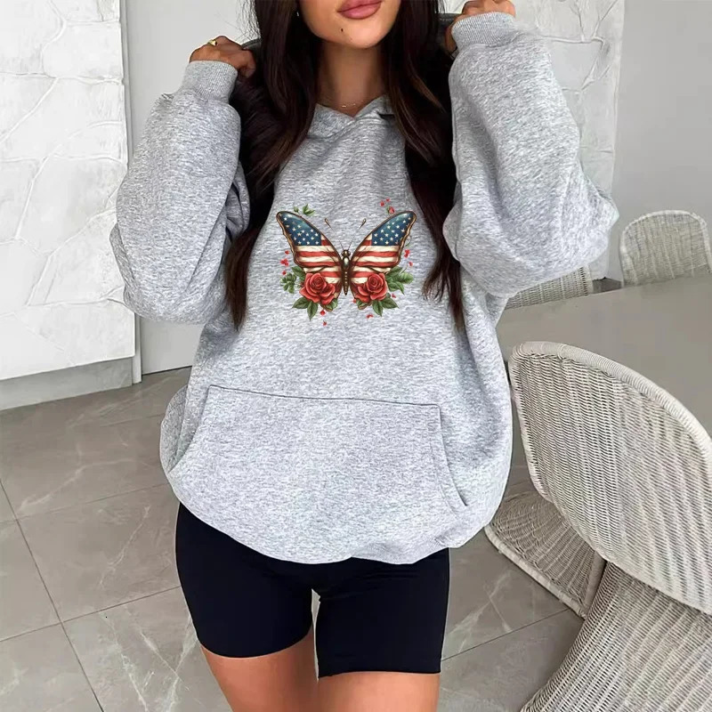 Fashion Butterfly Rose Printed Hoodie Spring Casual Long Sleeve Zipper Sweatshirt Hip Hop Womens Clothing 250326