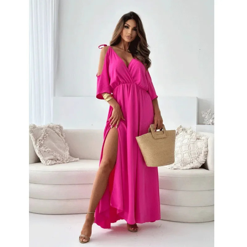 2024 Summer Crossover Womens Dress Solid Color Hollow Waist Fit Side Seam 250324