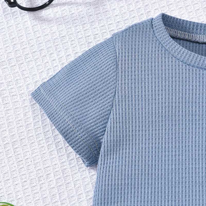Baby Preschool Childrens Waffle Set Short Sleeve T-shirt Solid Elastic Waist Shorts 2-piece Summer SetT250327