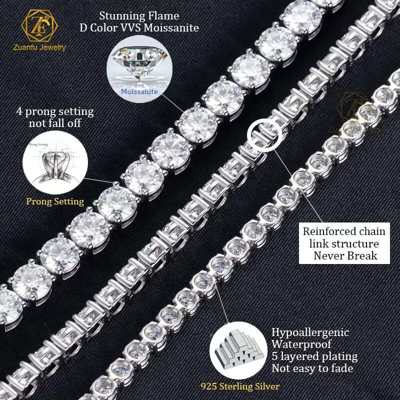 Zuanfo D VVS 925 Silver Moissanite Tennis Bracelet with Round Diamond Gold Plated Fashionable Jewelry for Gift
