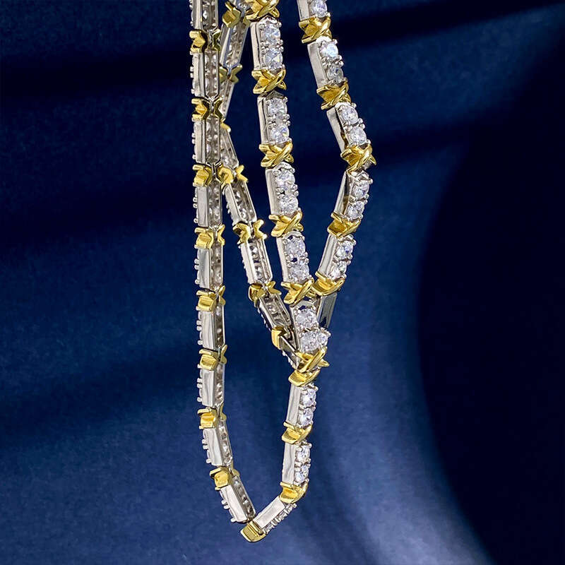 T Family's Light Zircon Full Dia Necklace Set with a Design Sense of Gold and Sier Intercolor Combination Letter X Collar Chain