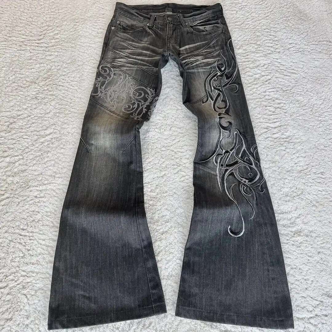 Trendy Three-Dimensional Vision Vine Thorn Special Elements Printed Pattern Washing Jeans Women Street Casual Micro-Flat Pants