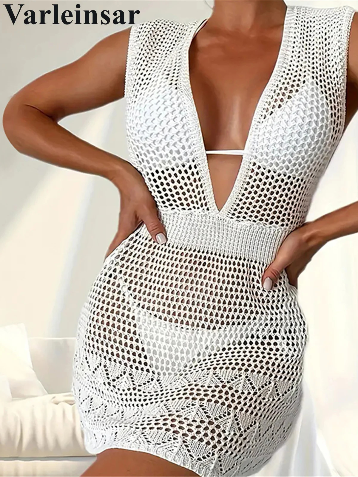 Deep Vneck Backless Hollow Crochet Knitted Tunic Beach Cover Ups Beach Dress Beach Wear Female V6180 250324