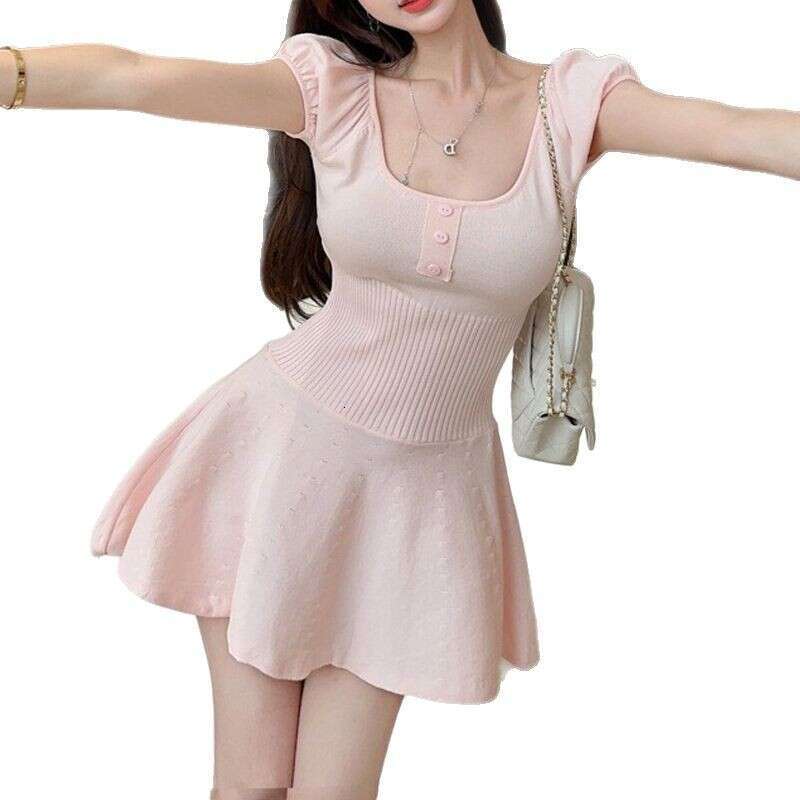 Women's Sweet Style Short Ballet Knitted Slimming Dress Bubble Sleeves Solid Colour Versatile Casual Summer