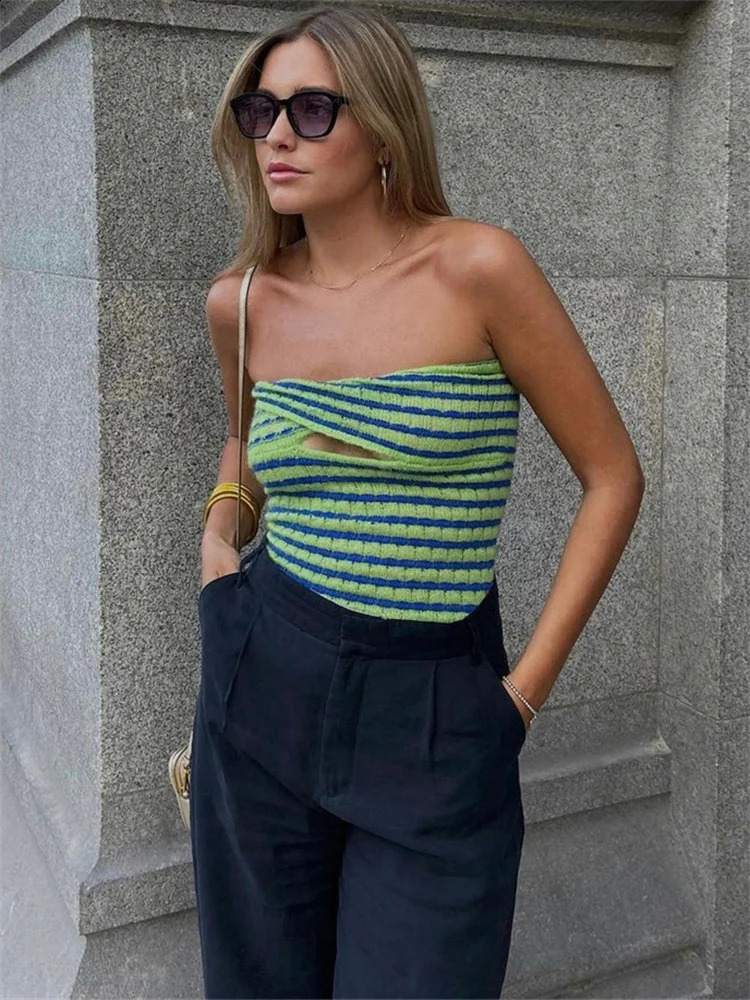Tossy 2024 Off Shoulder Knit Tube Top Sexy Strapless Backless Bustier Tops For Women Stripe Cropped Top Summer Streetwear 250325