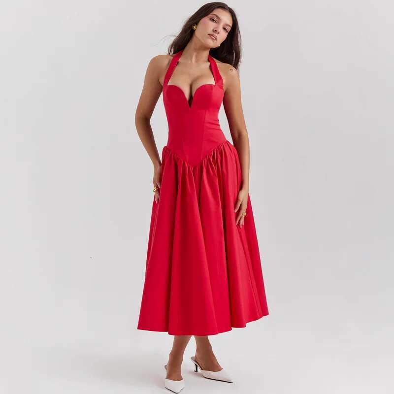 Dongdumaoyi Vrouwen Lente Hoogwaardige Sexy Deepvhalter Backless Rode Mid Lange Rok Vrouwen Jurk C