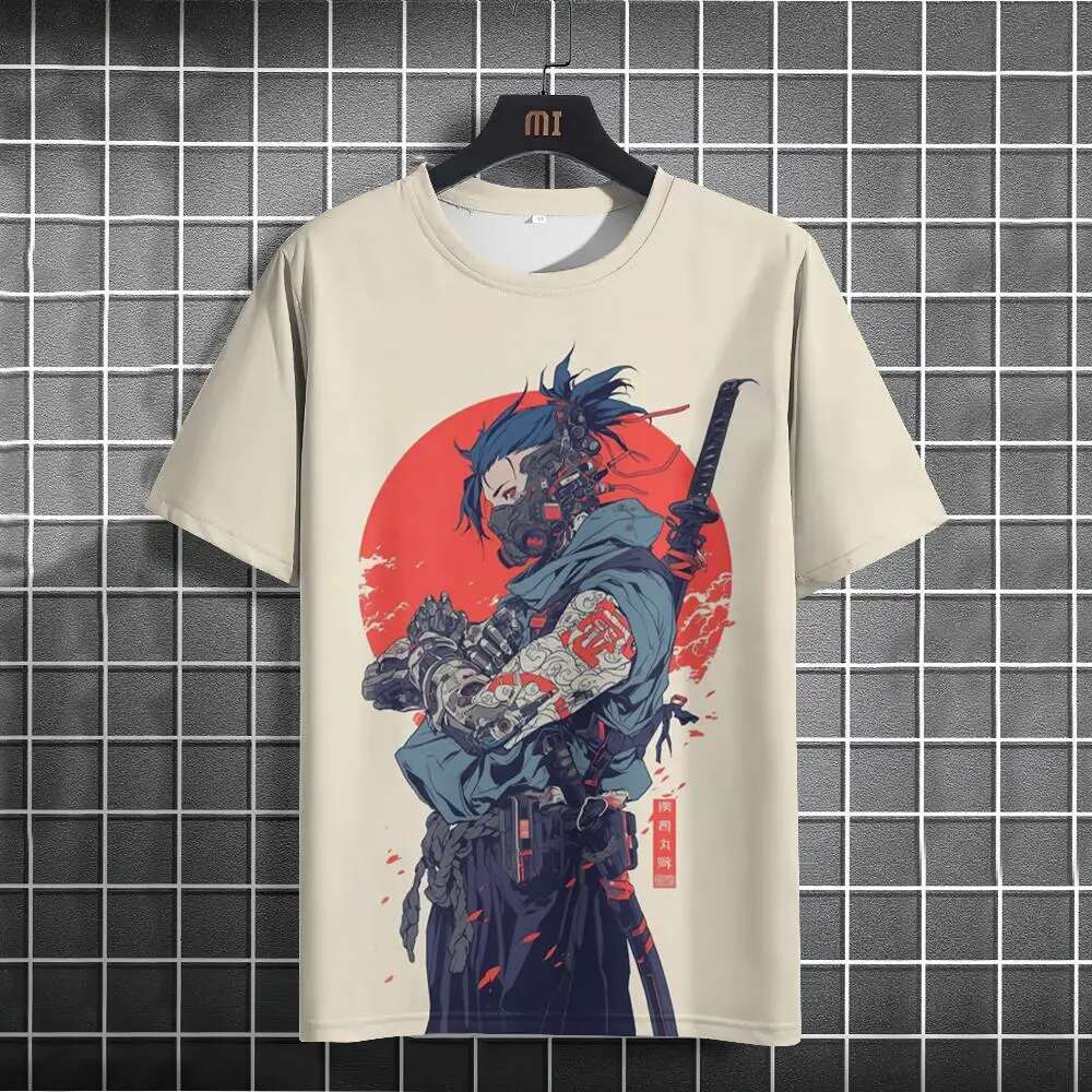 Men's Japanese T-shirt, mechanical character pattern T-shirt, short sleeved printed T-shirt, men's oversized jacket