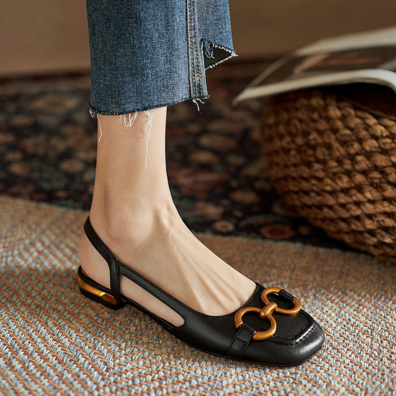 designer shoes 2025 new Women's French retro metal buckle peep-toe square toe low heel sandals with open back and flat bottom style for summer