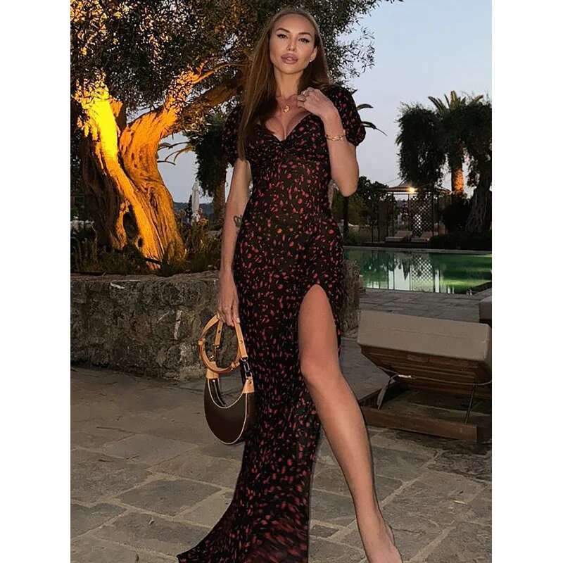 Dongdumaoyi Lente Nieuwe Mode Bloemen Bladerdeeg Mouw Sexy Slit V Hals Mesh Zoom Jurk C