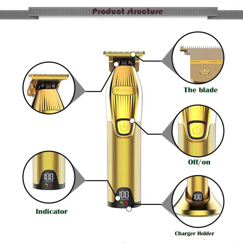 Kemei Professional Rechargeable Hair Trimmer Portable Gold Cordless T-blade Hair Clipper Shaving for Stylists Barber Beard Cut 250324
