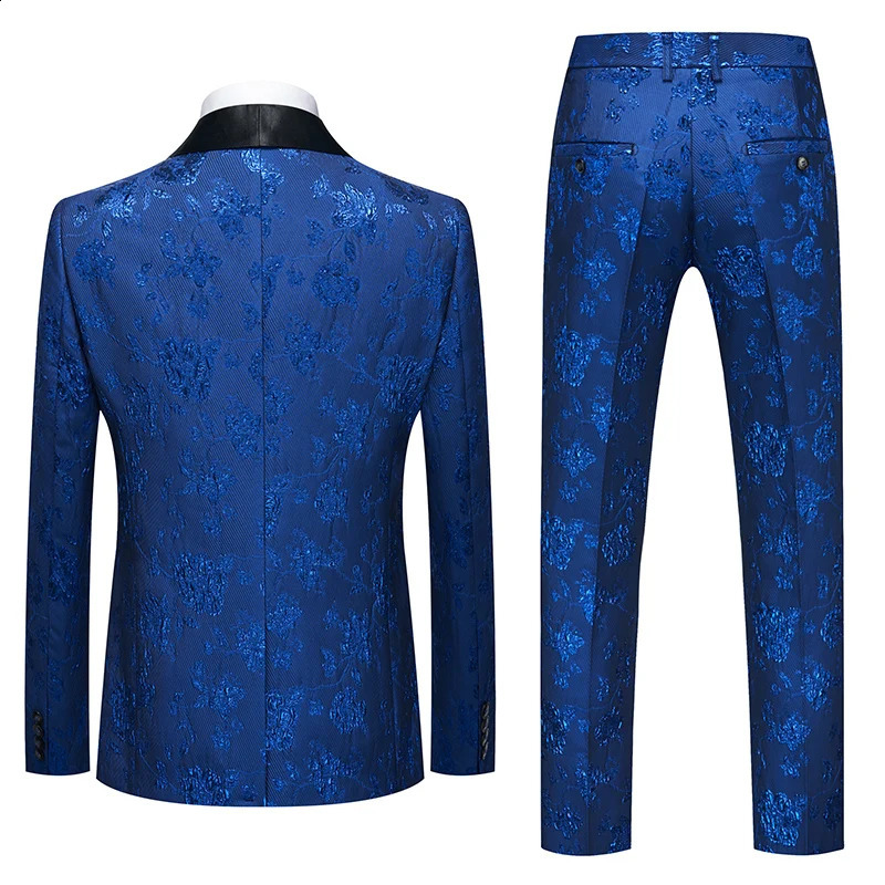 3 pieces of blue jacquard fabric set mens fashionable slim fit jacket Trouser vest Spring and Autumn Asian size 250326
