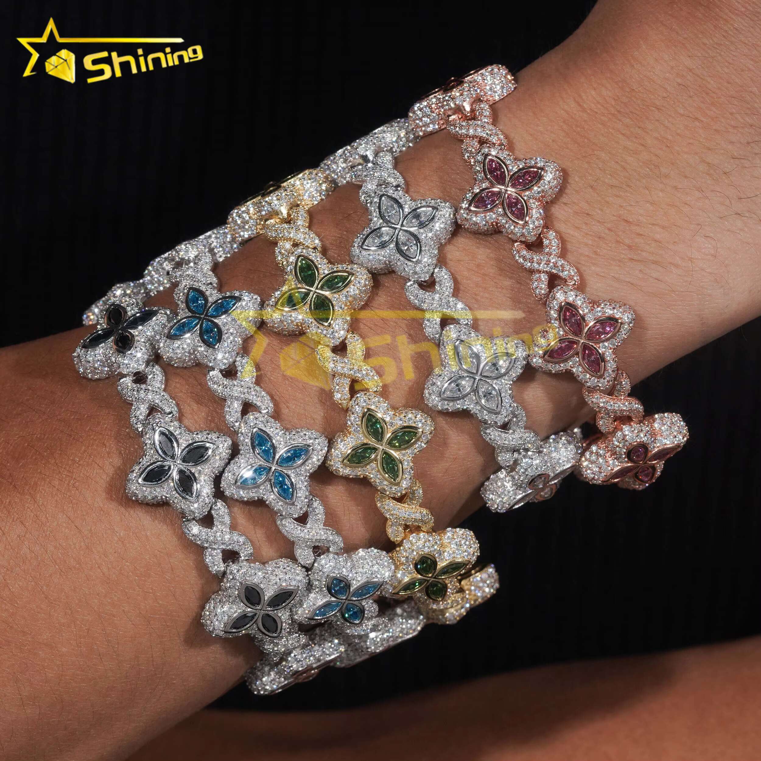 Hot Style Fashion Cuban Bracelet Sterling Silver 925 Colorful Moissanite Luxury Cuban Link Chain Hip Hop Jewelry