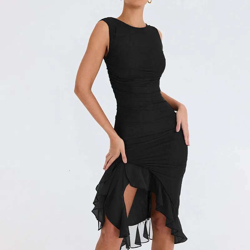 and the States Europe United cross-border 2025 new fashion mesh tight-fitting backless irregular pleated dress summer women