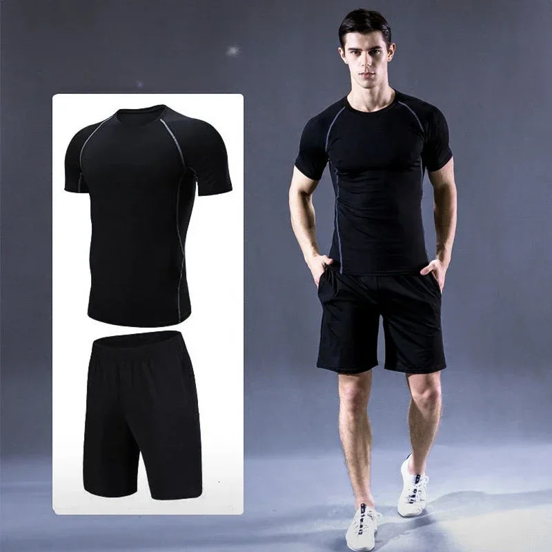 2piece sports tight fitting fitness mens fast drying high elasticity breathable set basketball training base short sleeved 250327