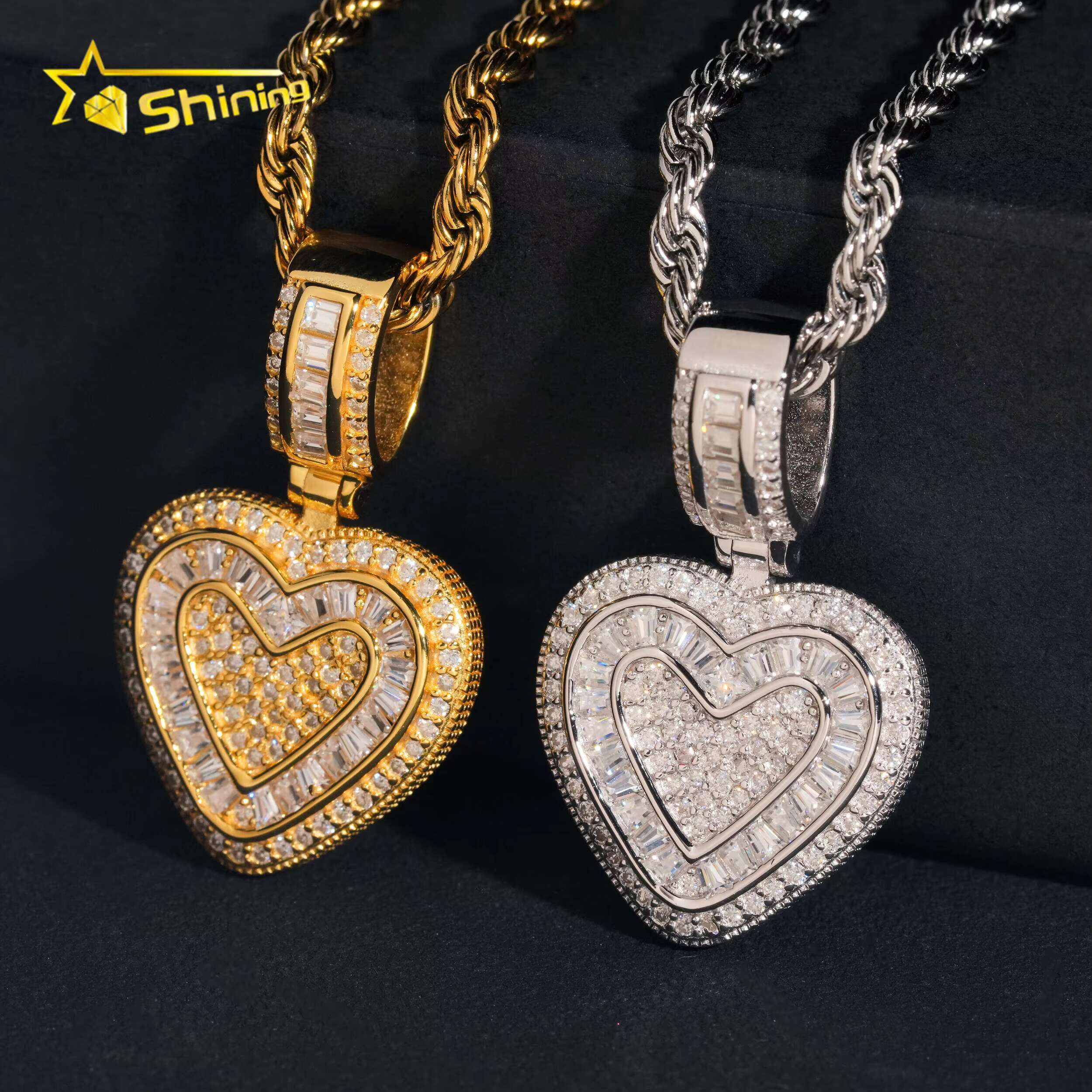 Baguette Mossanite Pendant 925 Sterling Silver VVS Moissanite Iced Out Diamond Heart Pendant Fine Jewelry Ready to Ship