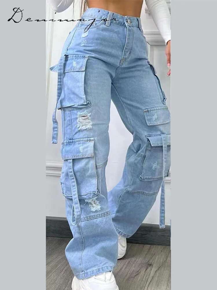 Casual Pocket Loose Hole Women's Jeans High Waist Wide Legs Zipper Female Straight Trouser Spring Summer Fashion Streetwear