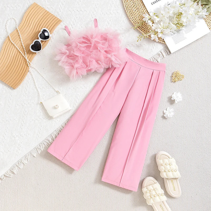 Summer Girls Clothes Set Princess Floral TopsWide Leg Pants Fashion Children Clothes Two Piece Sets 250326