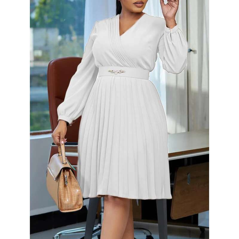 Dongdumaoyi Nieuwe Elegante Effen Kleur Geplooide Plus Size Jurk Met V Hals Chique En Tijdloze Stijl WD