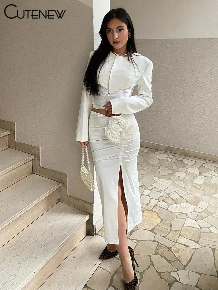 Cute Solid Fashion 2piece Womens Unique Irregular Button Ruffle Bandage TopDecal Split Elegant Set 250326
