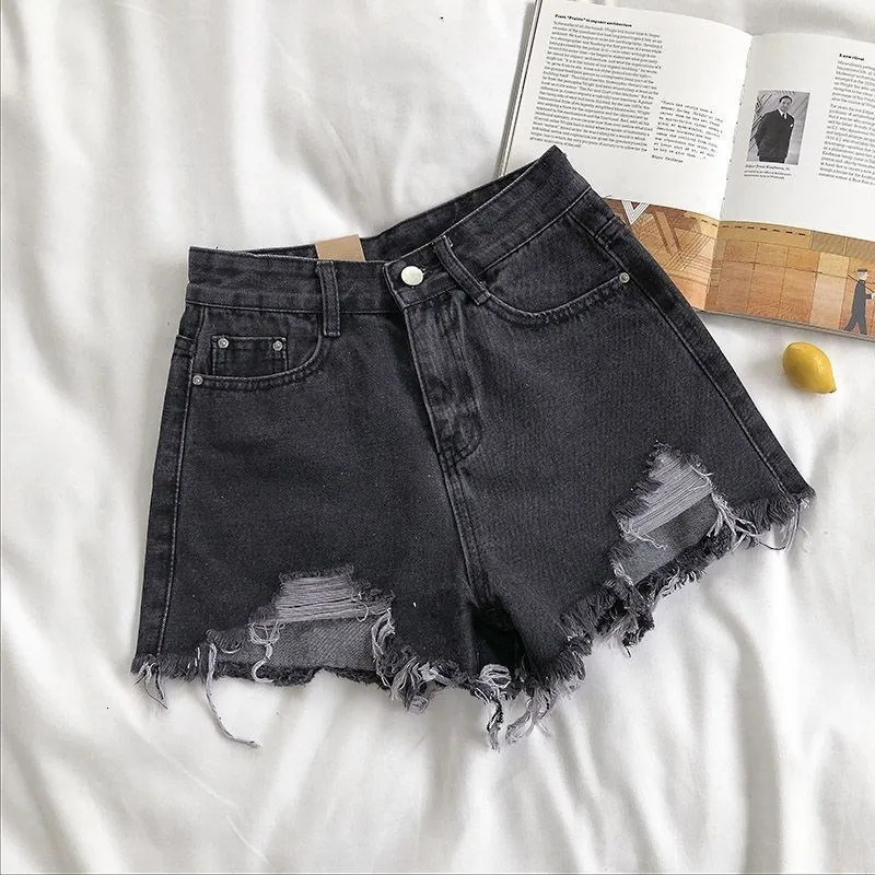 Korean denim shorts summer fashion casual high waisted ripped jeans pocket tassel Y2K pants streetwear blue Trousers 250321