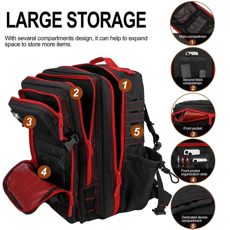 LHI 45L Tactical Backpack For Men And Women Black Red Zipper Spotrs Athlete Gym Bag Outdoor Hiking Rucksack With Bottle Holder