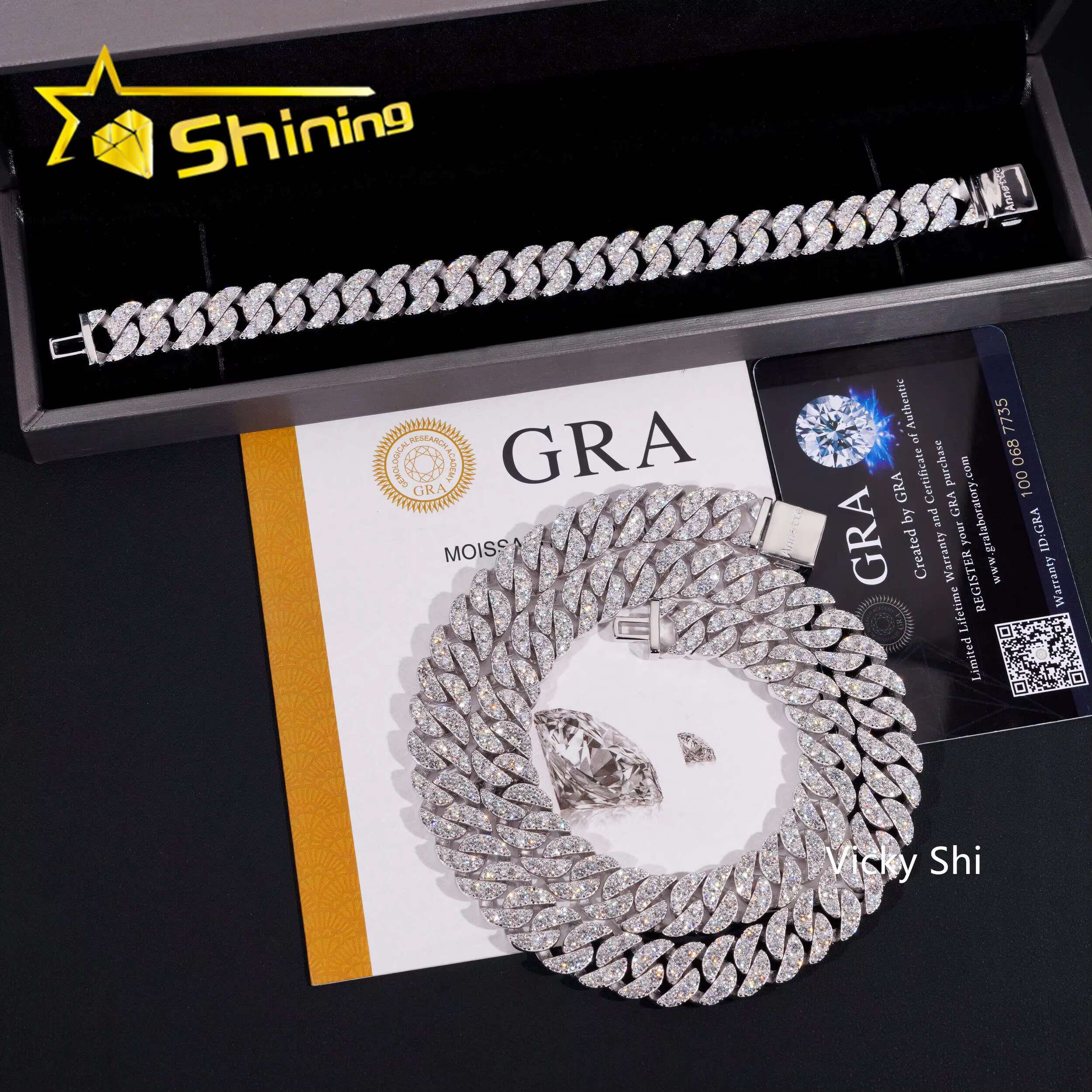 Rapper Hip Hop Jewelry Iced Out Moissanite Necklace 925 Sterling Silver 12MM Width Moon Shape VVS Moissanite Cuban Link
