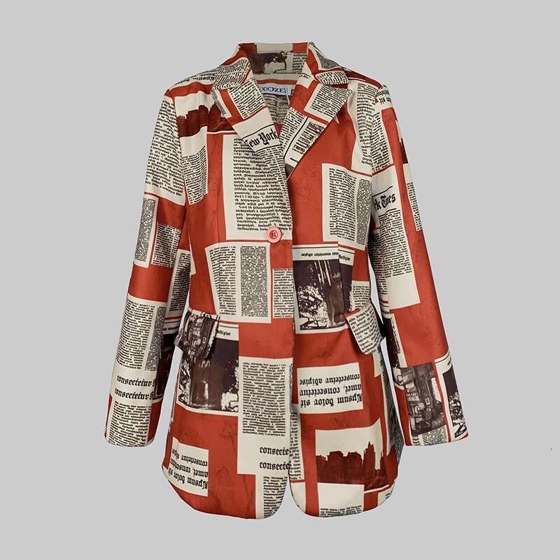 Modigirl Autumn Winter Coat Jackets For Women Newspaper Print Pattern Notched Collar Streetwear Female Long Blazer Outerwear