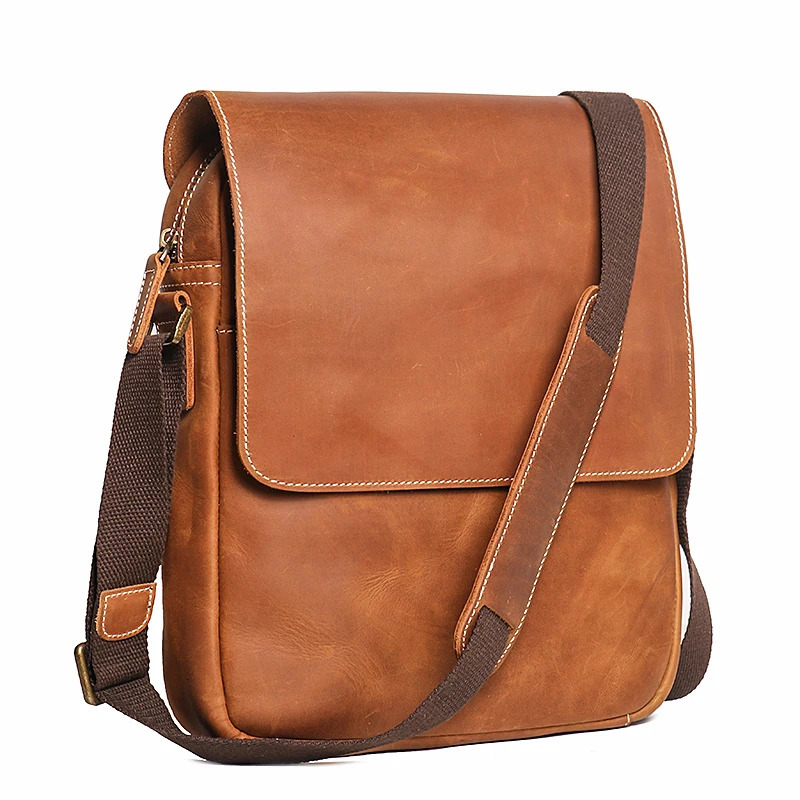 Mens flip magnetic buckle shoulder bag crazy horse leather casual cross body top layer denim iPad 250326