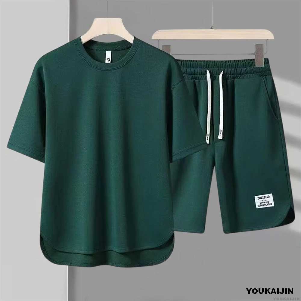 Mens Xinhua Biscuit Summer Set 2025 Korean Casual T-shirt+Shorts Set Mens Solid Color Loose SetXJ250326