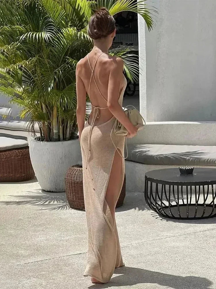Sexy See Through Knitted Backless Lace Splicing Beach Dress 2024 Summer Womens Solid Strap Holiday Swimsuit Cover A2797 250326