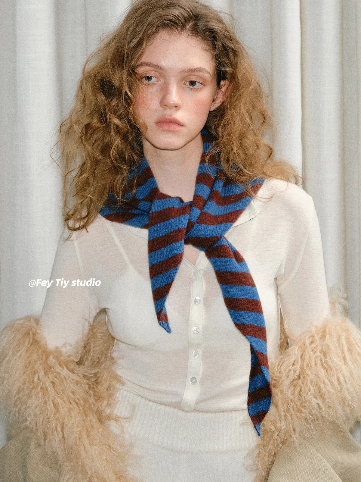 Striped wool knitted triangular scarf small Versatile warm Korean hooded triangular scarf neck scarf for women 250322