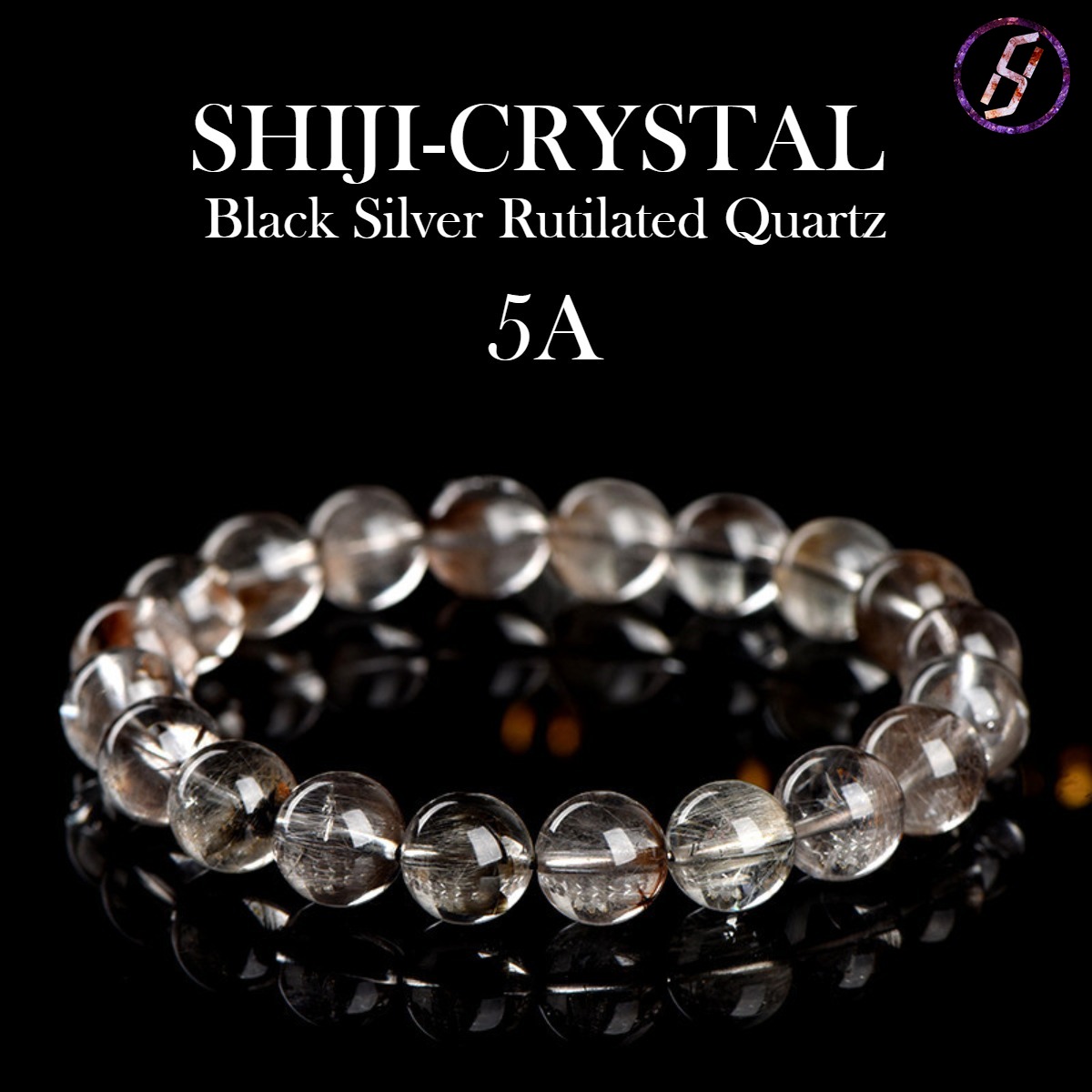 Natural Black Silver Titanium Crystal Bead Bracelet, Rubber Flower Black Silver Titanium Bracelet Handmade Custom Factory Wholesale Protection Crystal