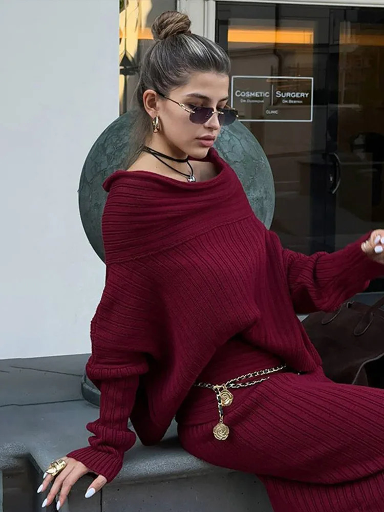 Womens Burgundy Knitted Long Leather Cover Elegant Slant Neck Full Lantern Sleeve Top Skirt Autumn Two Piece Set 250326