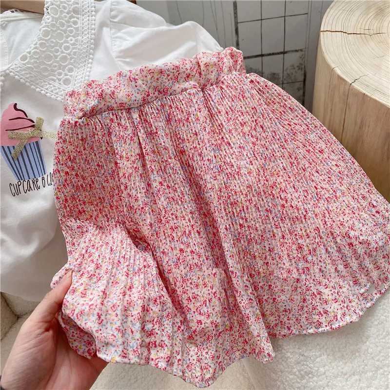 Summer girls clothing set Korean cute hollow lace lapel top+floral dress fashionable baby clothing childrens clothing setT250327
