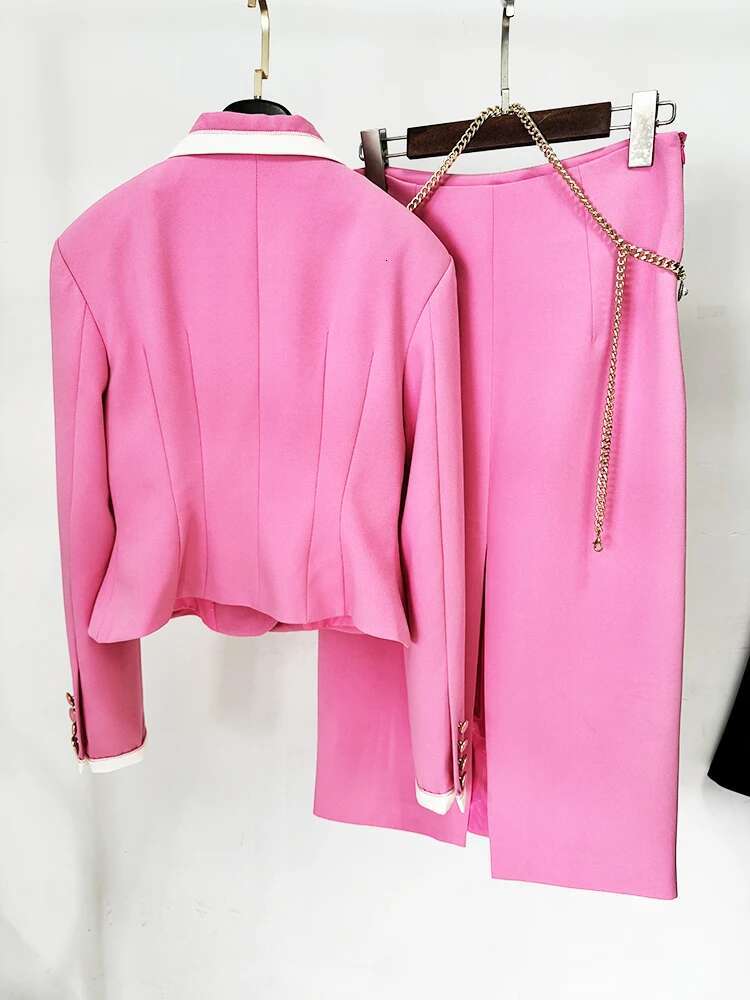 HIGH STREET Newest Fashion 2024 Designer Set Women's Color Block Slim Fitting Blazer Chains Midi Skirt Suit