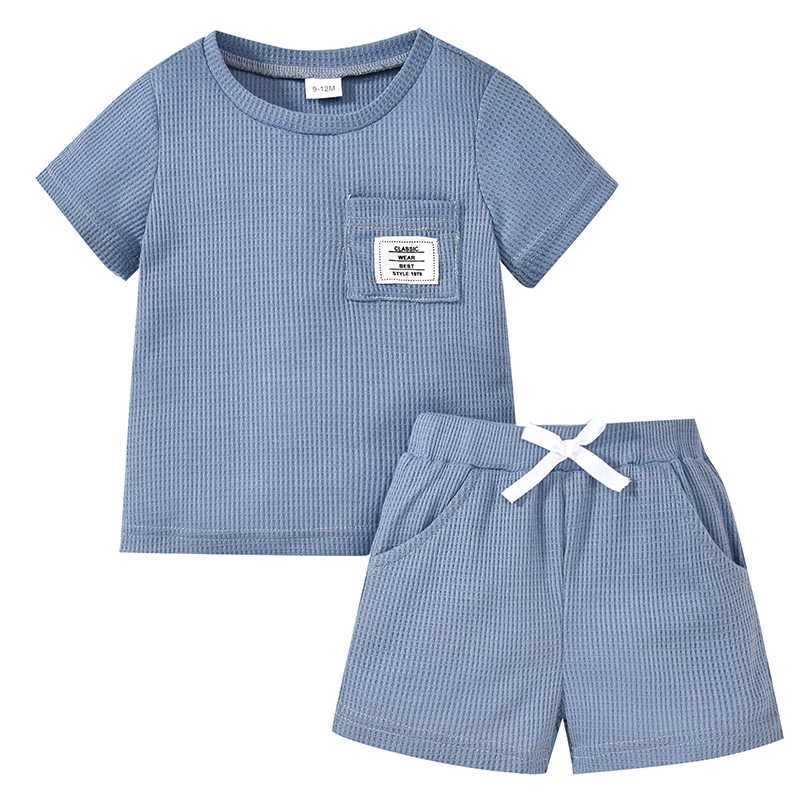 Baby Preschool Childrens Waffle Set Short Sleeve T-shirt Solid Elastic Waist Shorts 2-piece Summer SetT250327