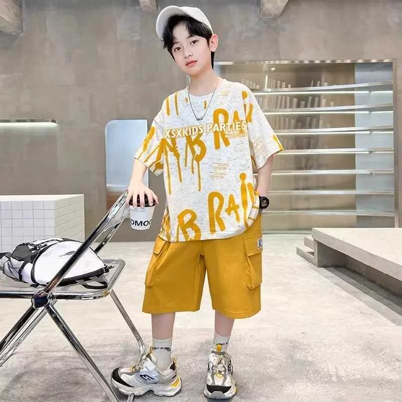 Summer Boys Purple Sets Korean High Street Fashion Kids T-shirts Shorts 2-piece set of high-quality childrens sportswearT250327