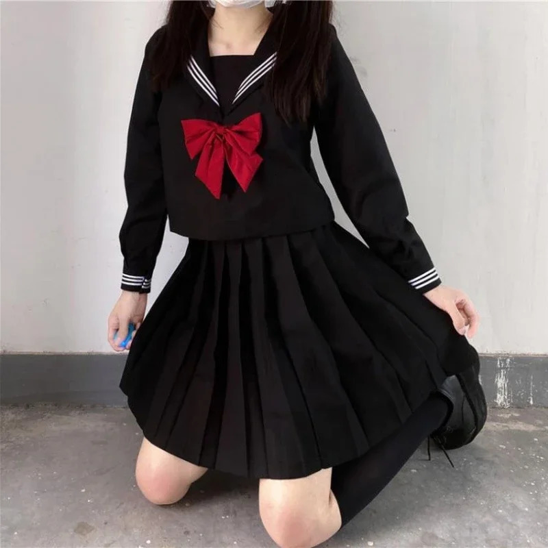 Japanese School Uniform Girl Jk Set Red Tie Black Extra Large Patch Work Basic Sailor Womens Long Sleeve 250326
