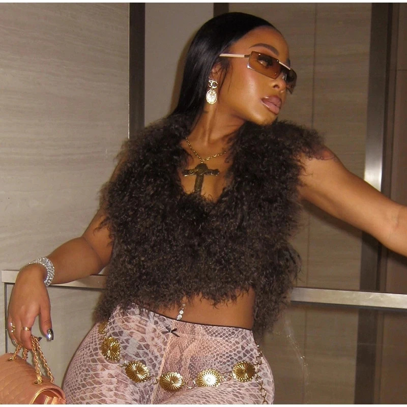Sexy Midnight Real Mongolian Fur Waistcoat Womens Backless Crop Strap Tank Top Deep Vneck Y2k Street Brown Solid 250326