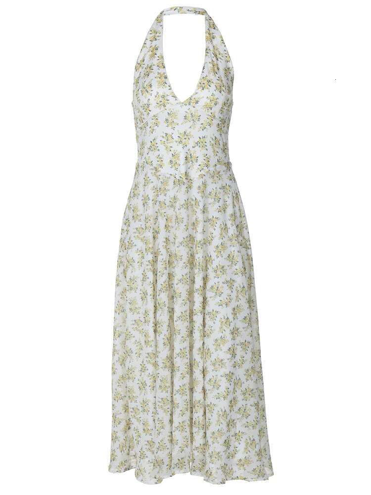 Dongdumaoyi Lente Zoete Stijl Rugloze Halter Mode Bloemenprint Taille Kalkende Veelzijdige Damesjurk Met Volledige Zoom