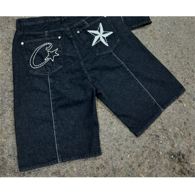 Casual Men Washed Denim Shorts American Haute Print Style Fit Loose Patterns Summer Vintage Street Y2k Outdoor Currents 250326