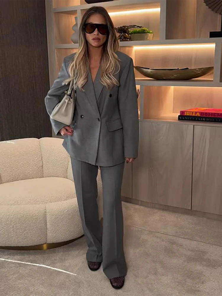 Womens Office Set Elegant Collar Button Full Sleeve Jacket Loose Waist Long Trouser Fashion Street Clothing 250326