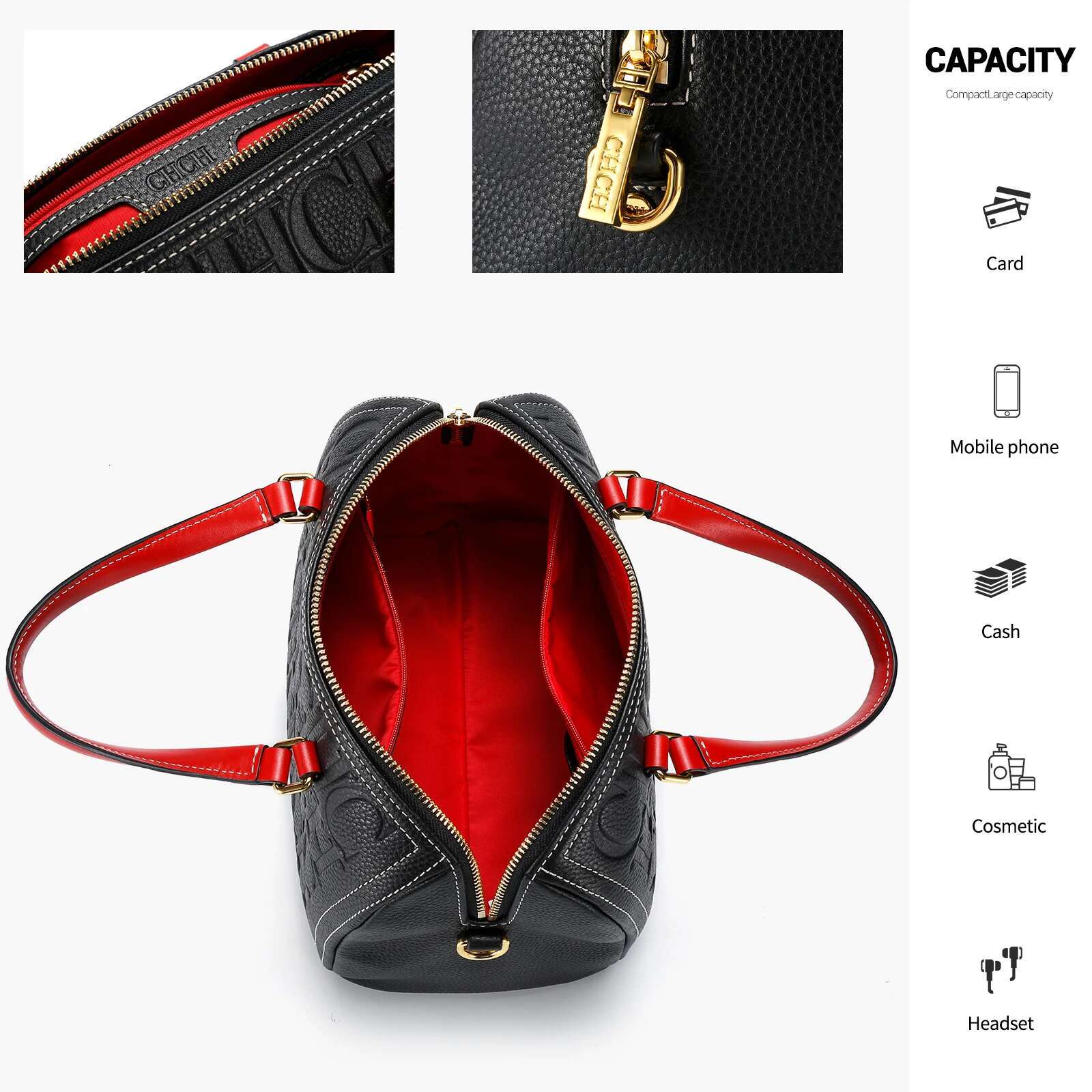 CHCH Women's Shoulder 2024 New Black Cow Leather Letter Emed Zipper Tote Bag 26*14.5*18Cm