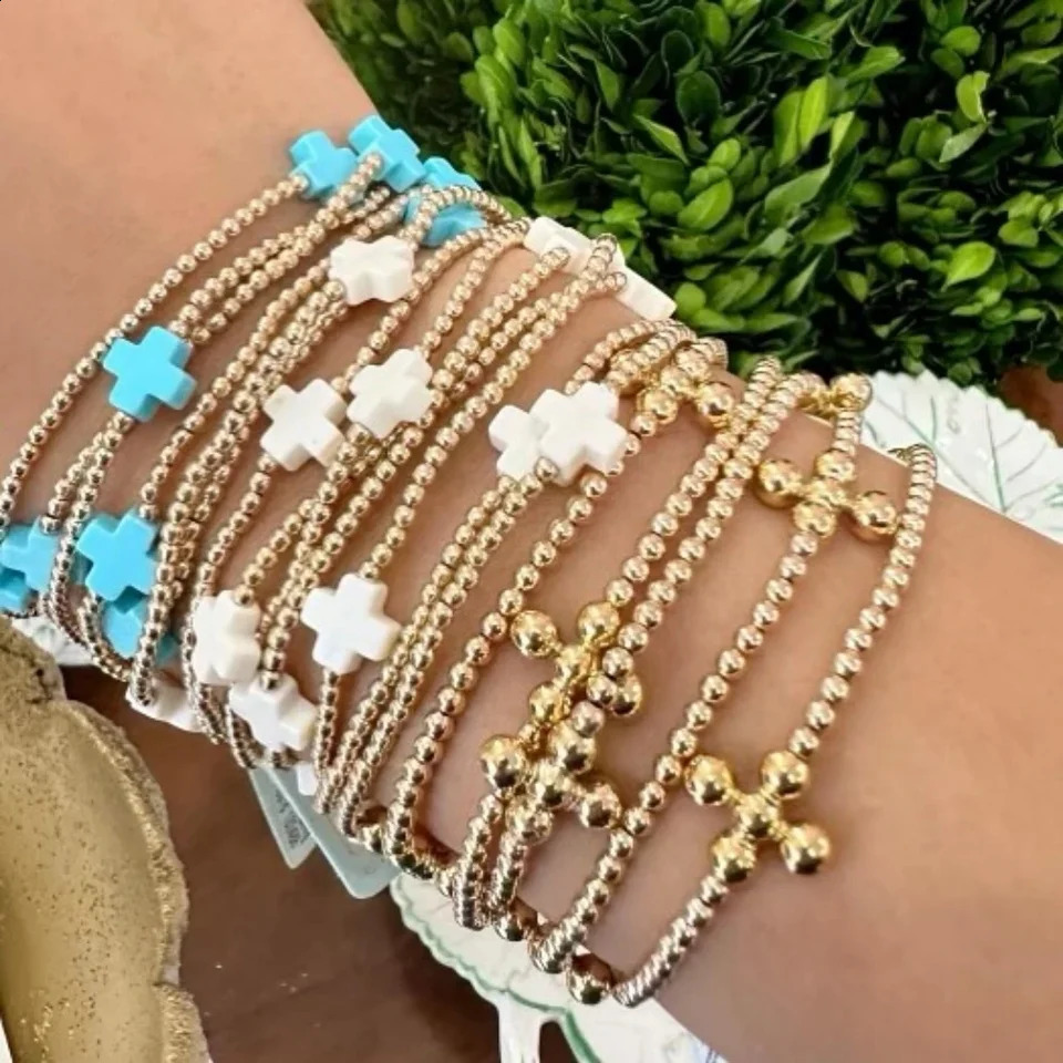 Vlen Cross Charm Bracelet 3mm Gold Plated 18 K Beads Bracelets for Women Stackable Boho Pulseras Jewelry 250326