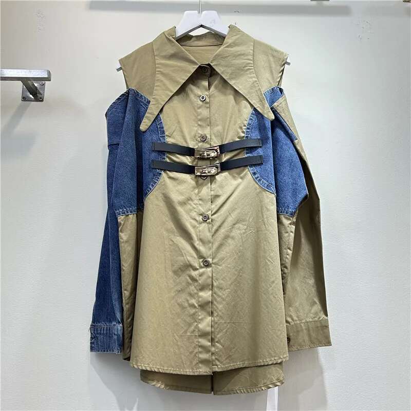New Fashion Women Contrast Color Off-Shoulder Shirt Spring Lapel Long Sleeves Double Belt Design Blouse Female