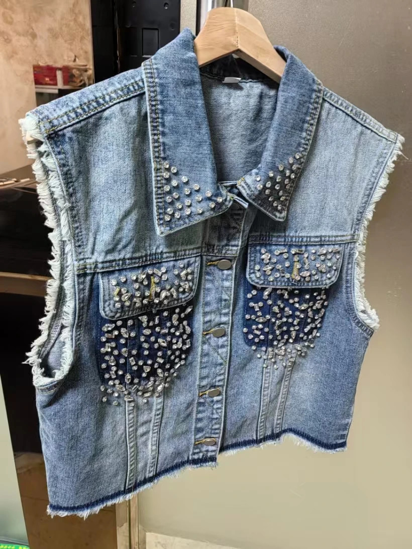 Womens Cowboy Waist Sleeveless Diamond Splicing Tank Top High Short Jacket Spring Korean Clothing 250326